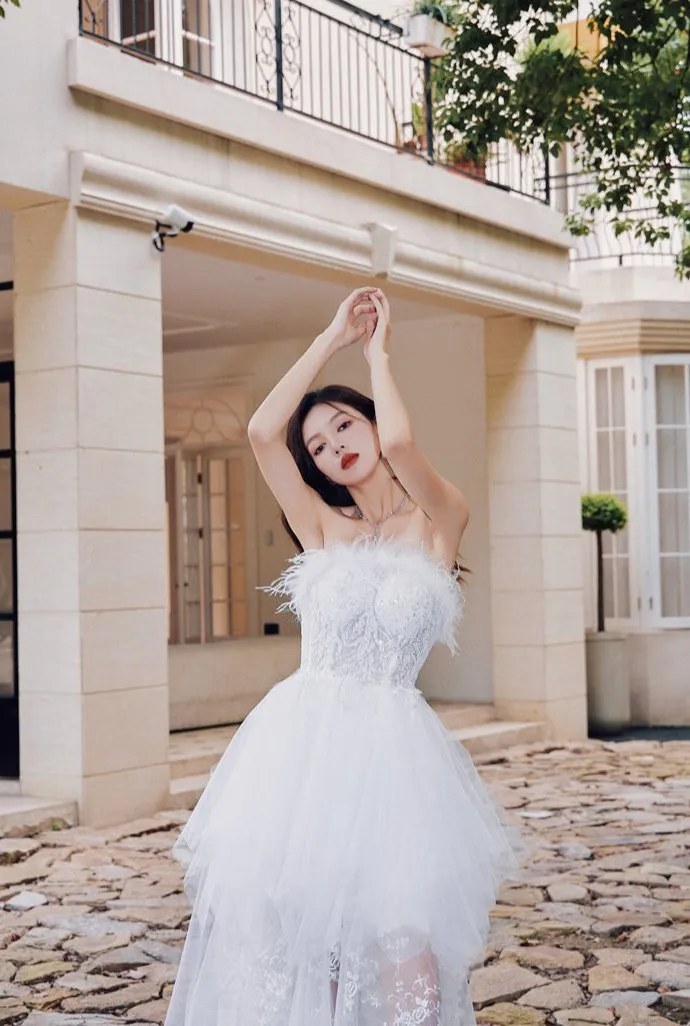 DOLLY Elegant Sleeveless Feather Tube Top Embroidery Long Tutu wedding Dress-KYLIE
