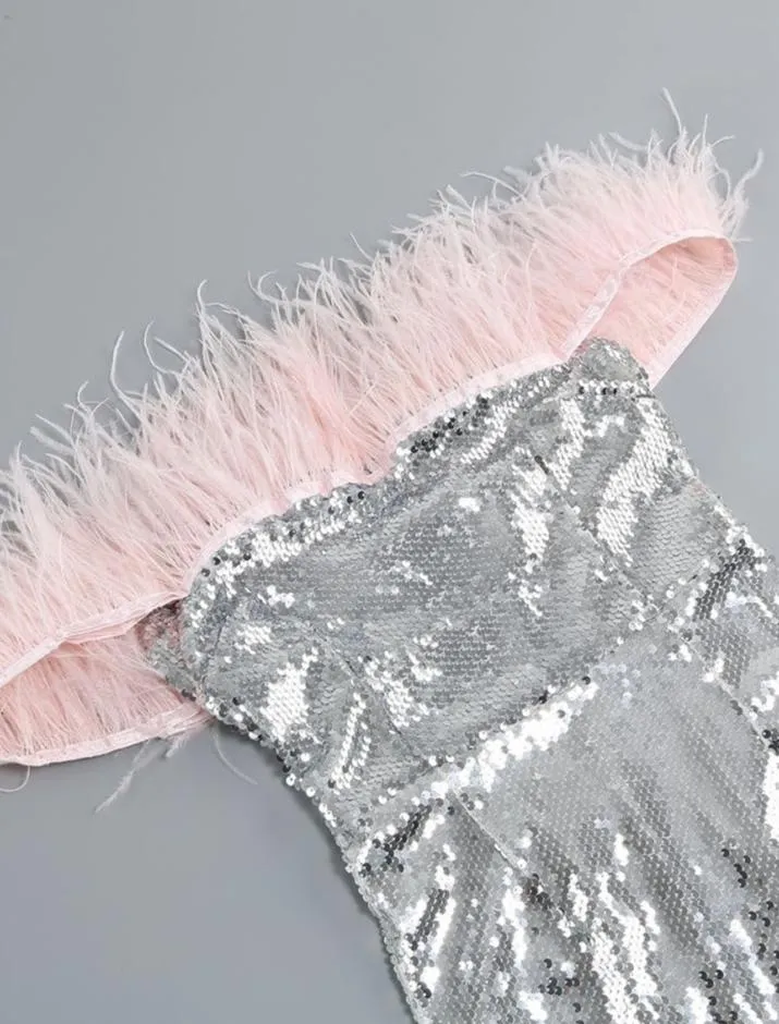 DOLLY Elegant Sliver Off Shoulder Pink Feather Tube Top Midi Dinner Dress-LALYA