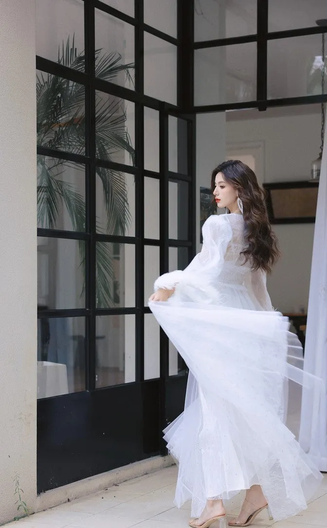 DOLLY Elegant White Deep V-Neck Lace Feather Bell Sleeves Long Robe Dress-ZOBA (V)*