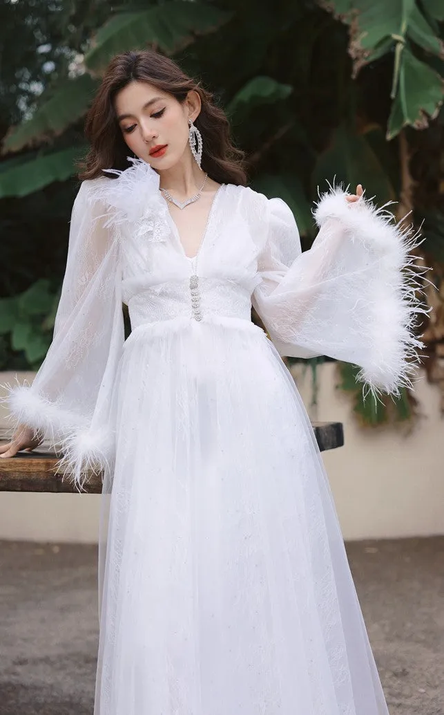 DOLLY Elegant White Deep V-Neck Lace Feather Bell Sleeves Long Robe Dress-ZOBA (V)*