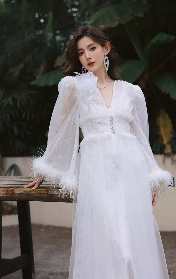 DOLLY Elegant White Deep V-Neck Lace Feather Bell Sleeves Long Robe Dress-ZOBA (V)*