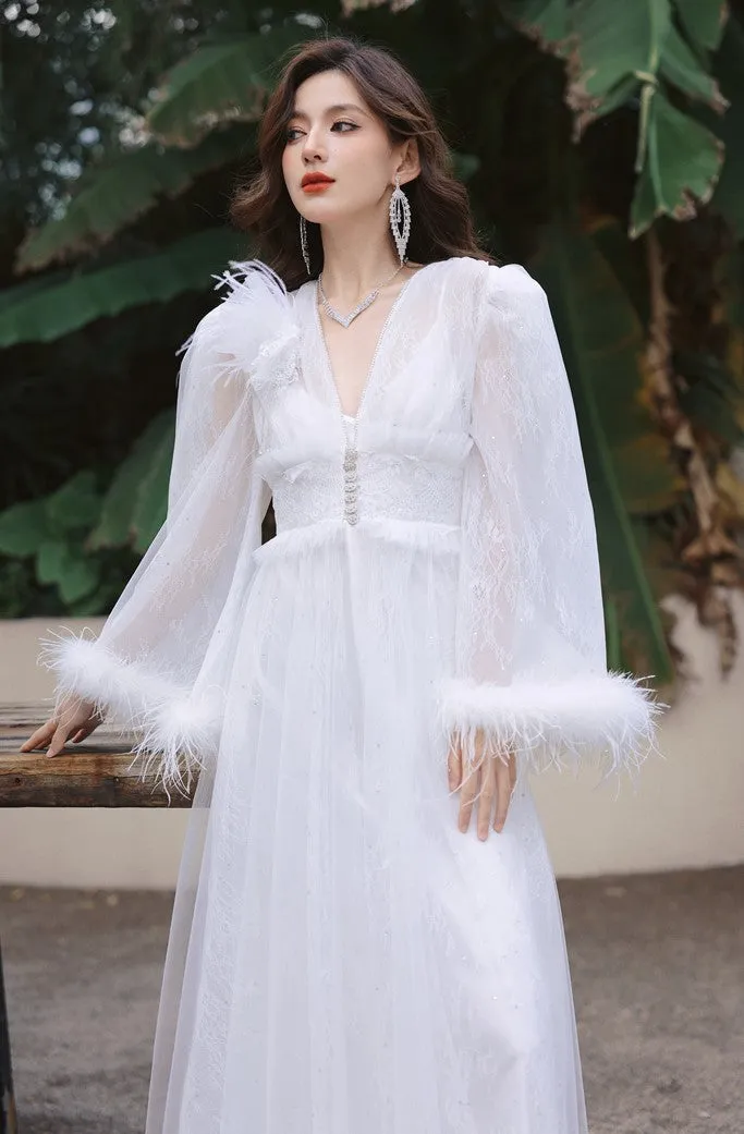 DOLLY Elegant White Deep V-Neck Lace Feather Bell Sleeves Long Robe Dress-ZOBA (V)*