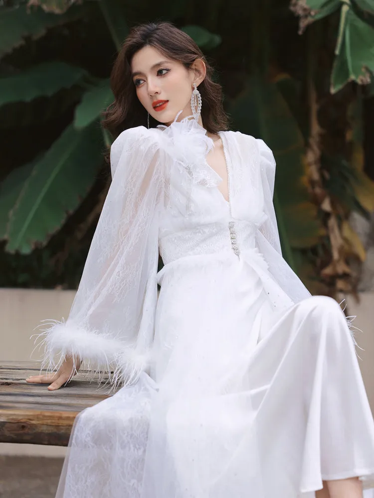DOLLY Elegant White Deep V-Neck Lace Feather Bell Sleeves Long Robe Dress-ZOBA (V)*