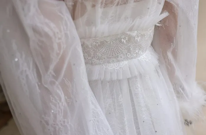 DOLLY Elegant White Deep V-Neck Lace Feather Bell Sleeves Long Robe Dress-ZOBA (V)*