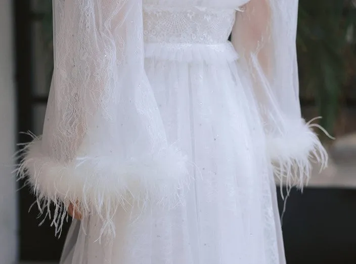 DOLLY Elegant White Deep V-Neck Lace Feather Bell Sleeves Long Robe Dress-ZOBA (V)*