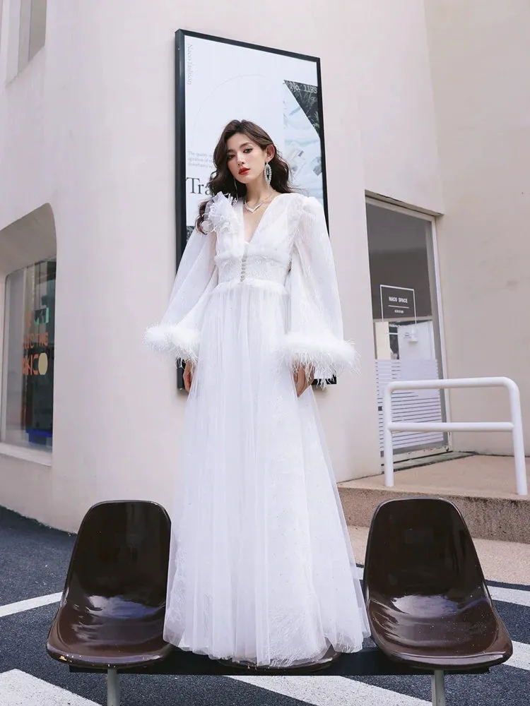 DOLLY Elegant White Deep V-Neck Lace Feather Bell Sleeves Long Robe Dress-ZOBA (V)*