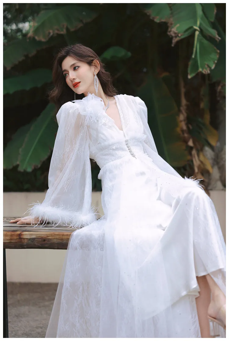 DOLLY Elegant White Deep V-Neck Lace Feather Bell Sleeves Long Robe Dress-ZOBA (V)*