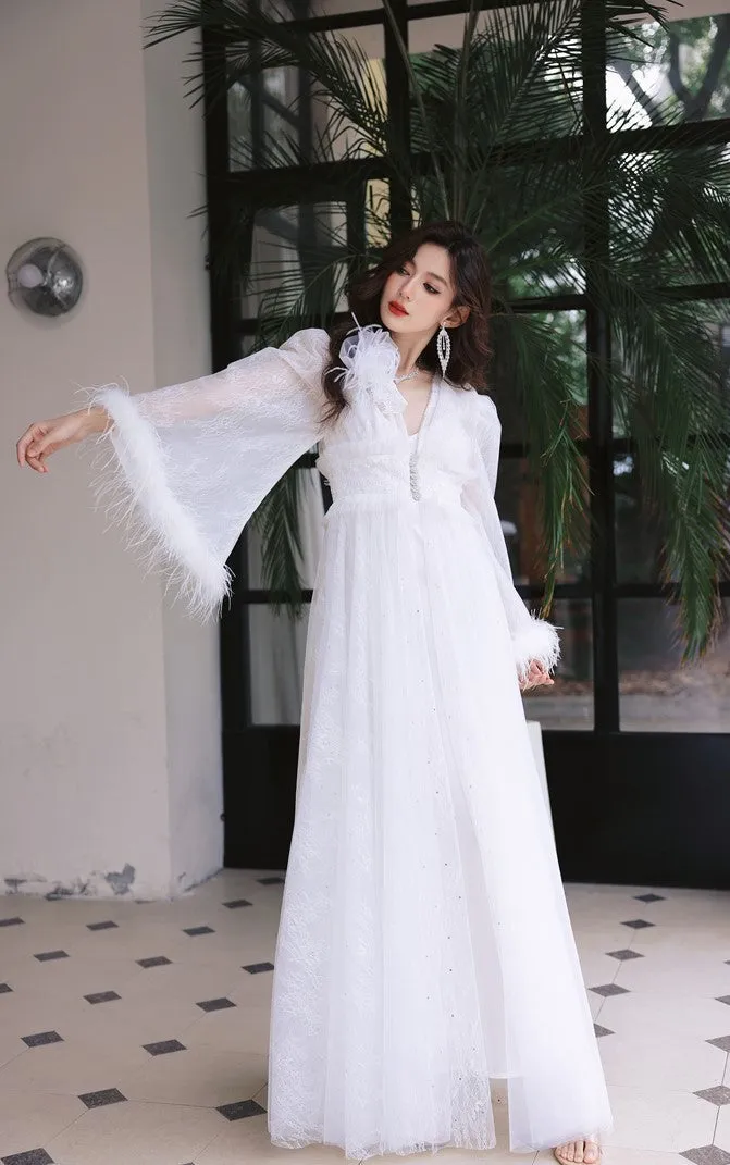 DOLLY Elegant White Deep V-Neck Lace Feather Bell Sleeves Long Robe Dress-ZOBA (V)*