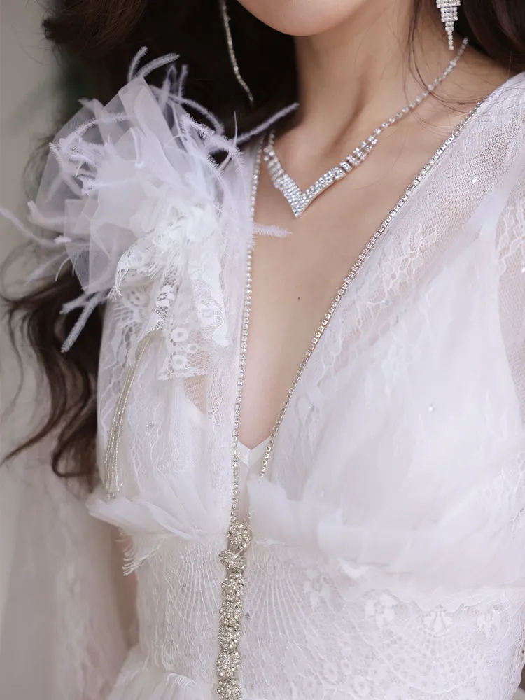 DOLLY Elegant White Deep V-Neck Lace Feather Bell Sleeves Long Robe Dress-ZOBA (V)*