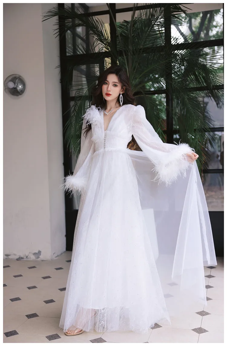 DOLLY Elegant White Deep V-Neck Lace Feather Bell Sleeves Long Robe Dress-ZOBA (V)*