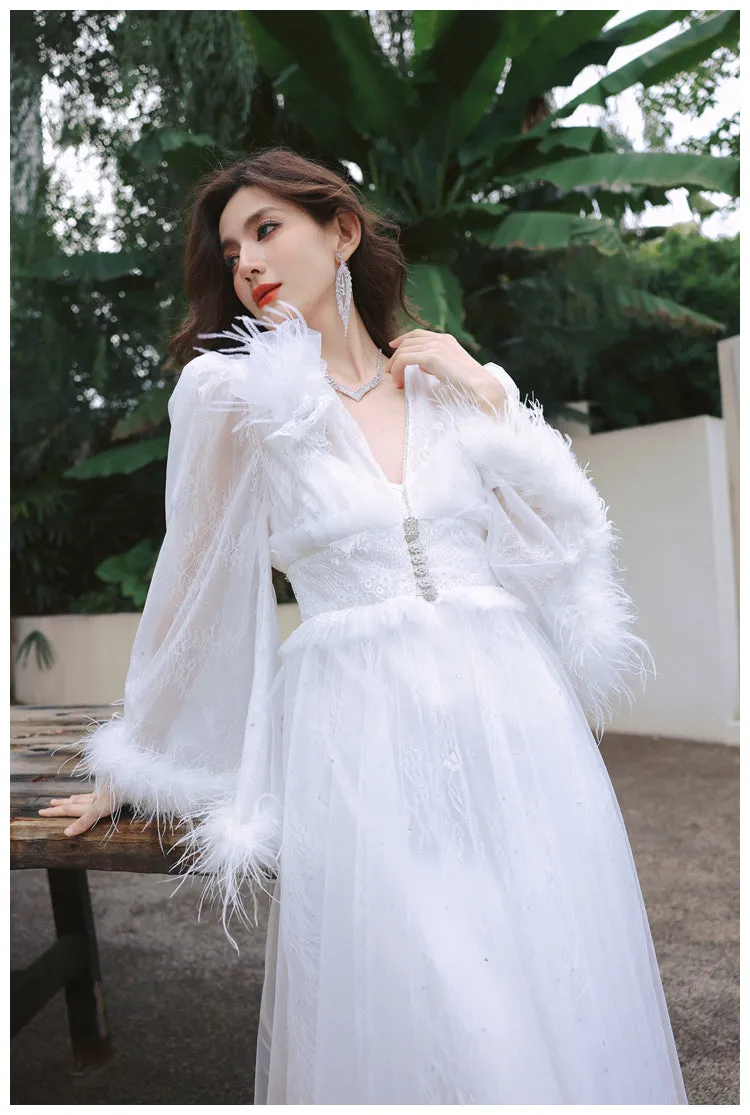 DOLLY Elegant White Deep V-Neck Lace Feather Bell Sleeves Long Robe Dress-ZOBA (V)*