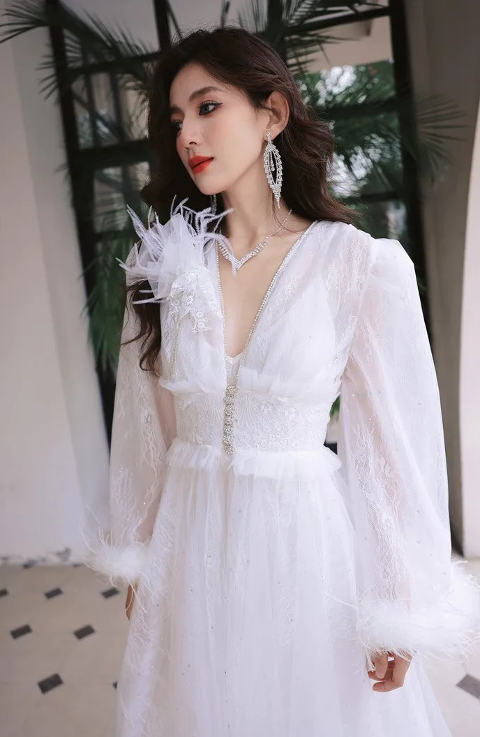 DOLLY Elegant White Deep V-Neck Lace Feather Bell Sleeves Long Robe Dress-ZOBA (V)*