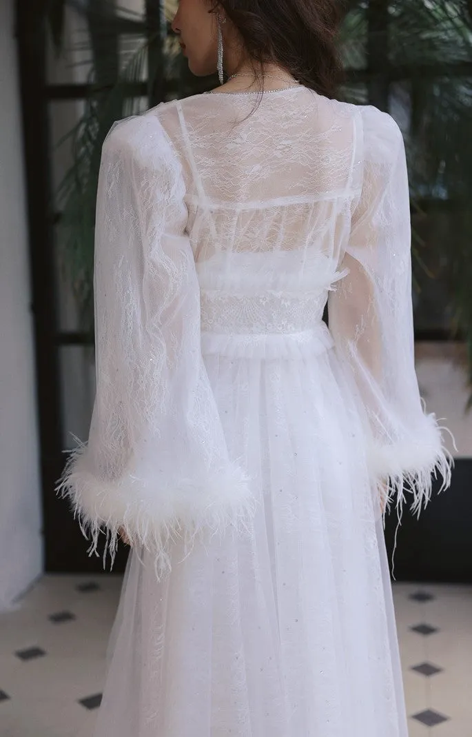 DOLLY Elegant White Deep V-Neck Lace Feather Bell Sleeves Long Robe Dress-ZOBA (V)*