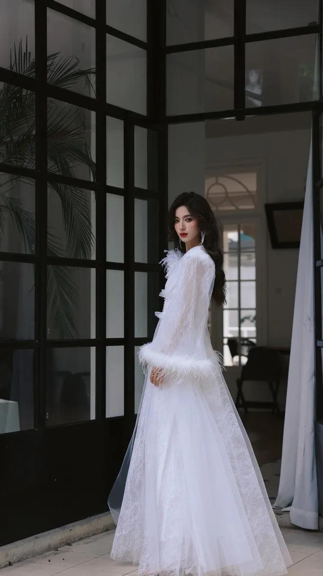 DOLLY Elegant White Deep V-Neck Lace Feather Bell Sleeves Long Robe Dress-ZOBA (V)*