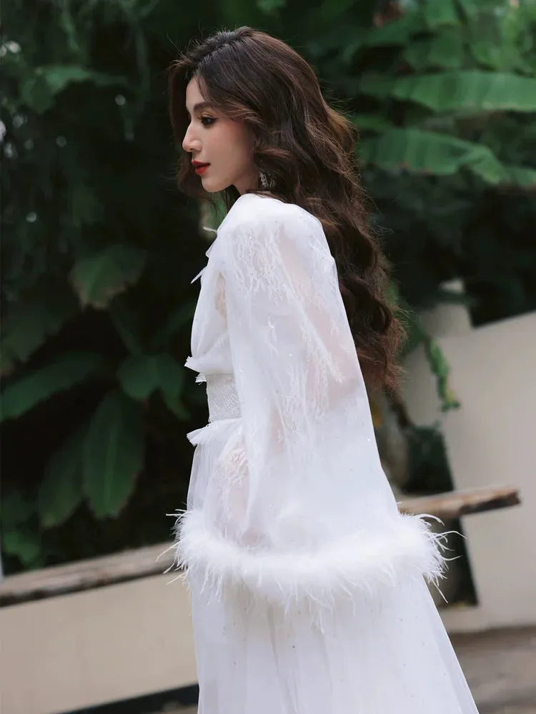 DOLLY Elegant White Deep V-Neck Lace Feather Bell Sleeves Long Robe Dress-ZOBA (V)*