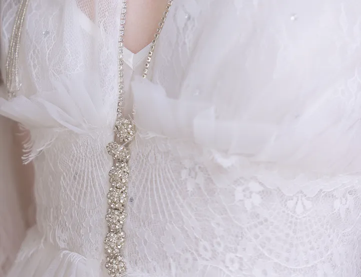 DOLLY Elegant White Deep V-Neck Lace Feather Bell Sleeves Long Robe Dress-ZOBA (V)*