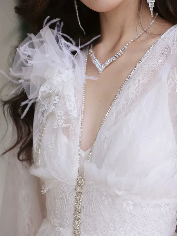 DOLLY Elegant White Deep V-Neck Lace Feather Bell Sleeves Long Robe Dress-ZOBA (V)*