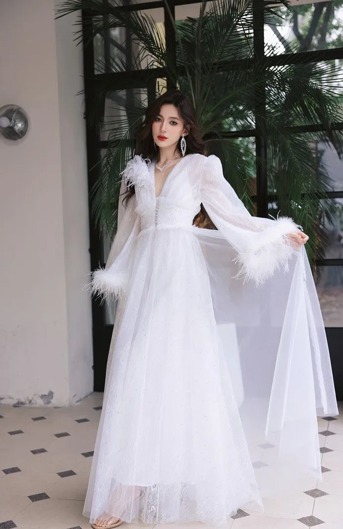 DOLLY Elegant White Deep V-Neck Lace Feather Bell Sleeves Long Robe Dress-ZOBA (V)*