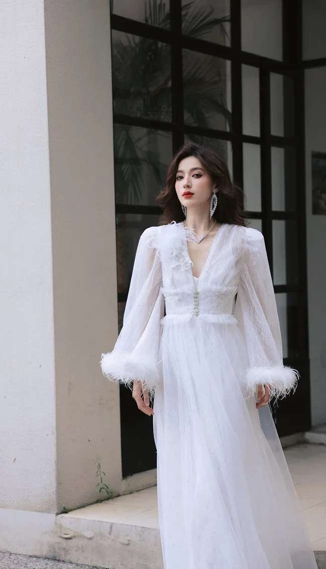 DOLLY Elegant White Deep V-Neck Lace Feather Bell Sleeves Long Robe Dress-ZOBA (V)*