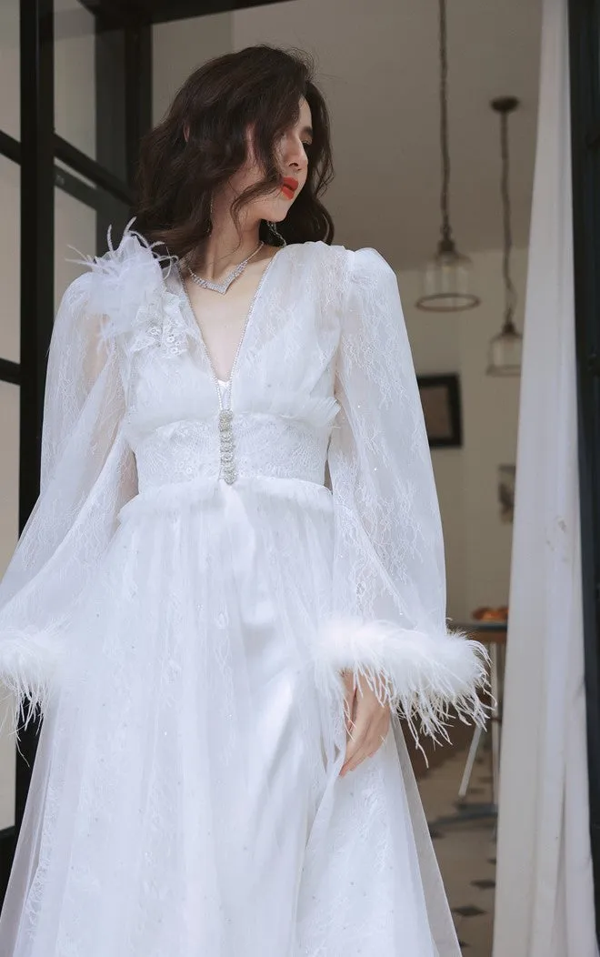 DOLLY Elegant White Deep V-Neck Lace Feather Bell Sleeves Long Robe Dress-ZOBA (V)*