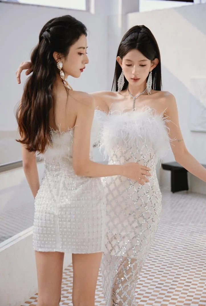 DOLLY Elegant White Feather Strapless Bandeau Birthday Dress- Julia