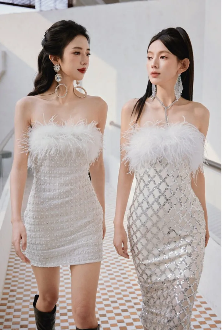 DOLLY Elegant White Feather Strapless Bandeau Birthday Dress- Julia