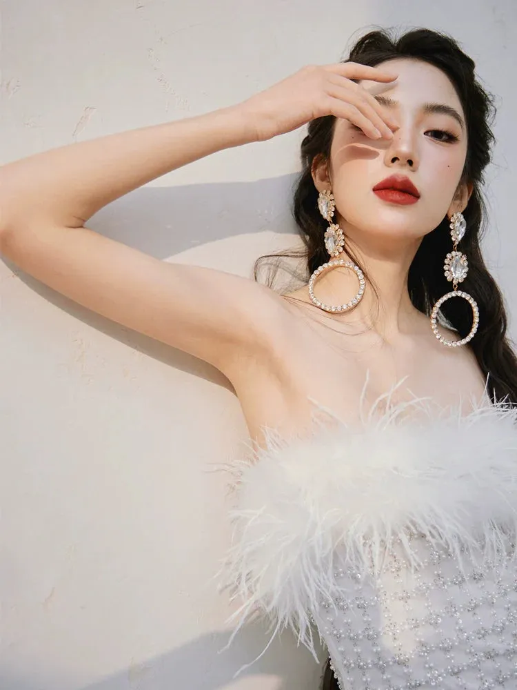 DOLLY Elegant White Feather Strapless Bandeau Birthday Dress- Julia