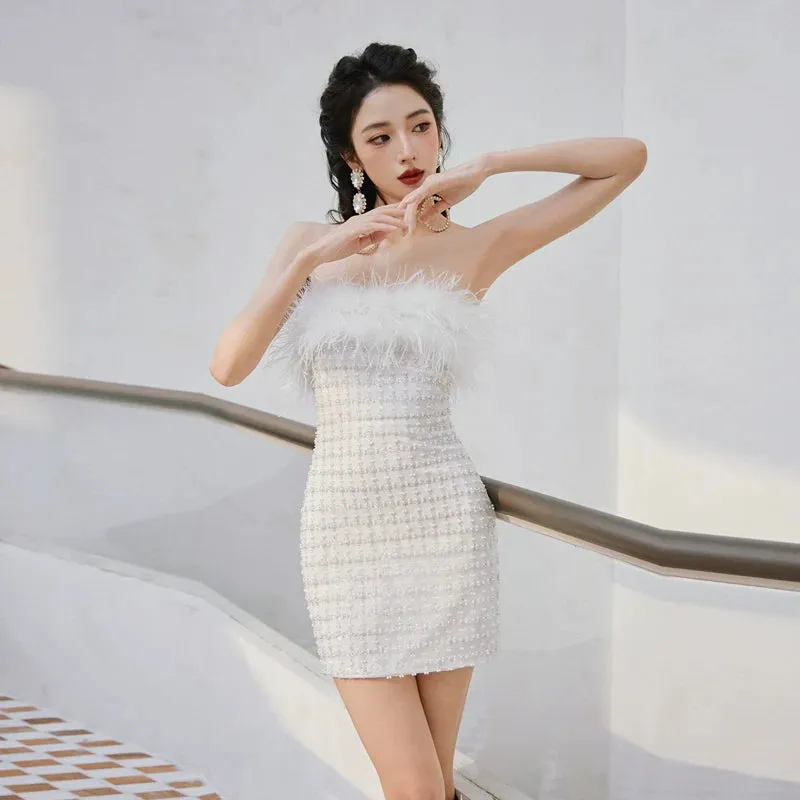 DOLLY Elegant White Feather Strapless Bandeau Birthday Dress- Julia