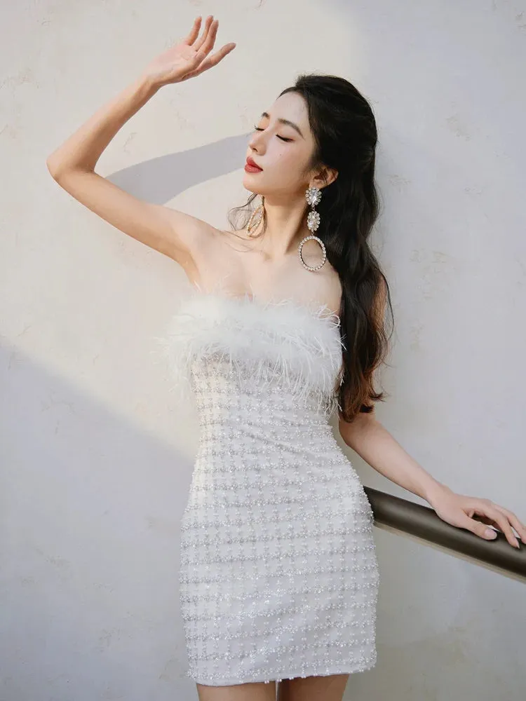 DOLLY Elegant White Feather Strapless Bandeau Birthday Dress- Julia