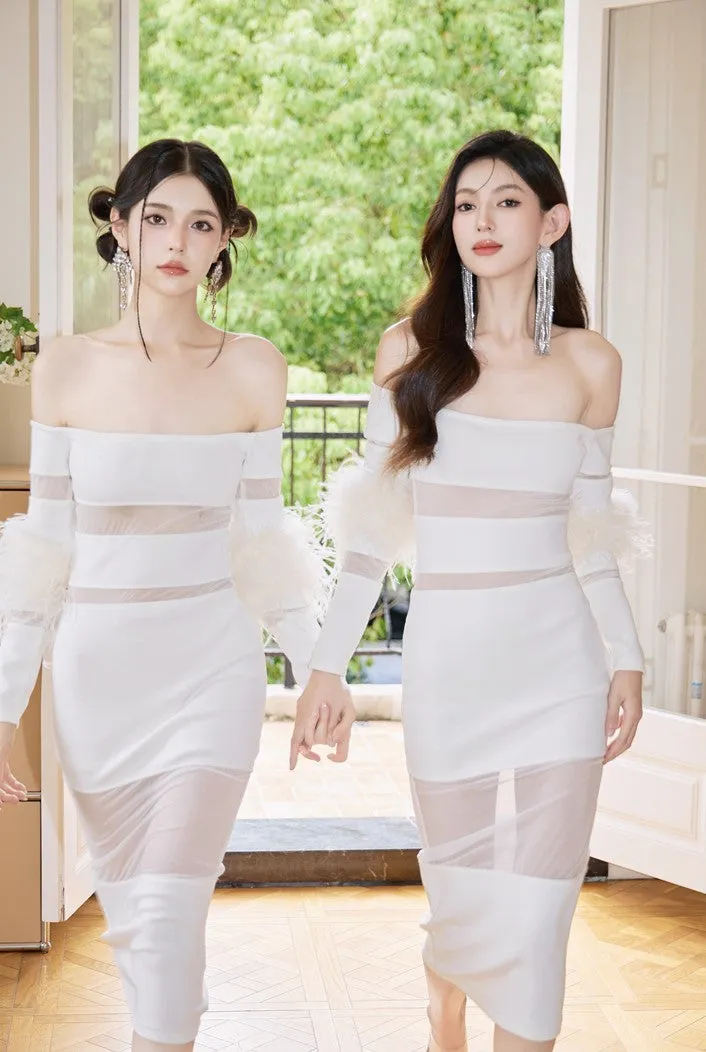 DOLLY Elegant White French Style Off Shoulder Feather Long Sleeves Slim Fit Dress-DAISIES(V)