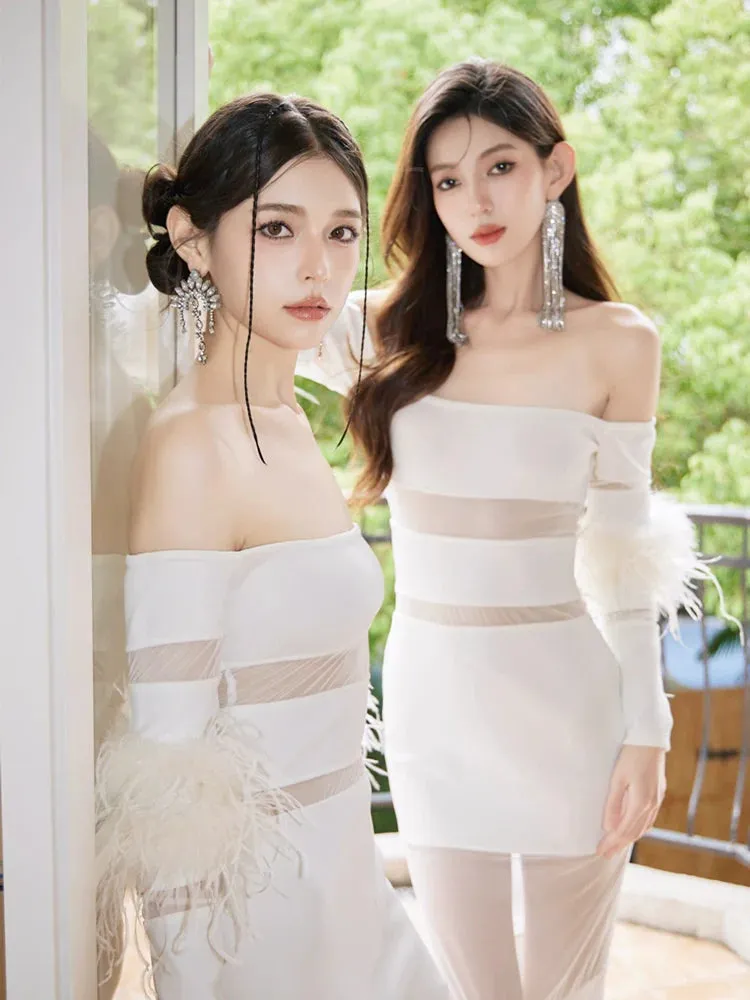 DOLLY Elegant White French Style Off Shoulder Feather Long Sleeves Slim Fit Dress-DAISIES(V)