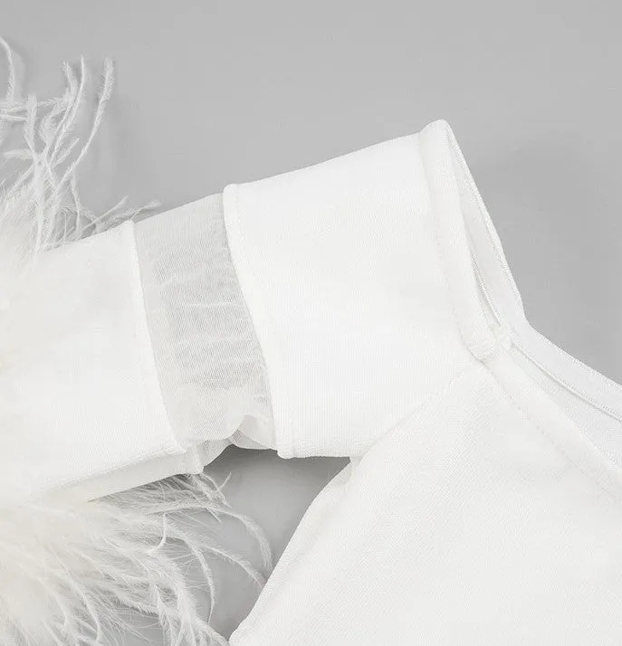 DOLLY Elegant White French Style Off Shoulder Feather Long Sleeves Slim Fit Dress-DAISIES(V)