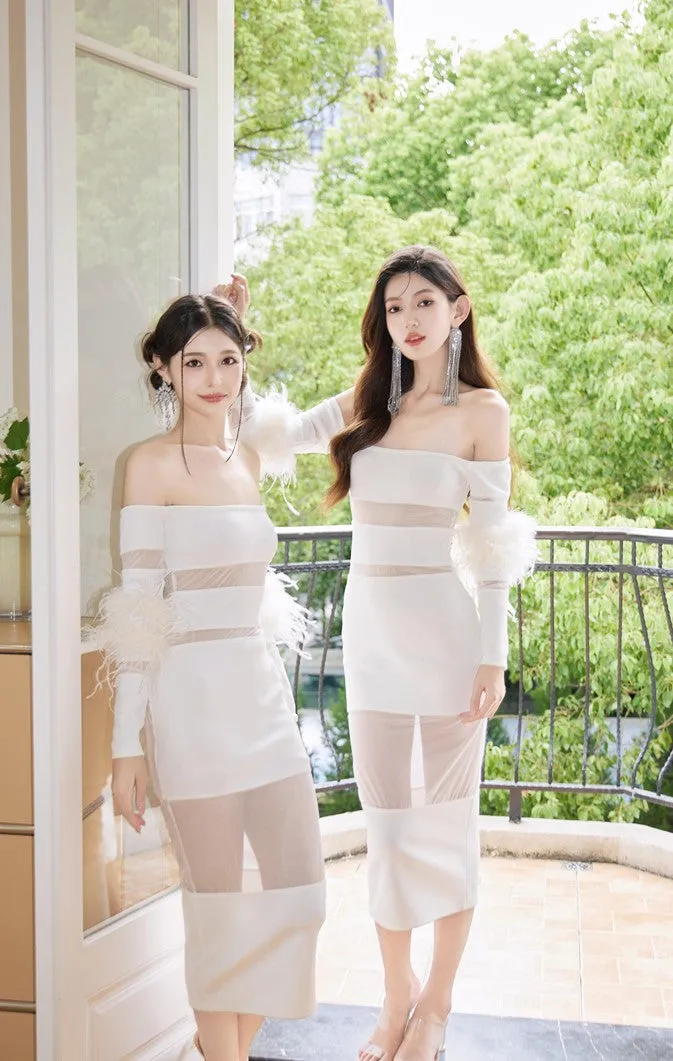 DOLLY Elegant White French Style Off Shoulder Feather Long Sleeves Slim Fit Dress-DAISIES(V)
