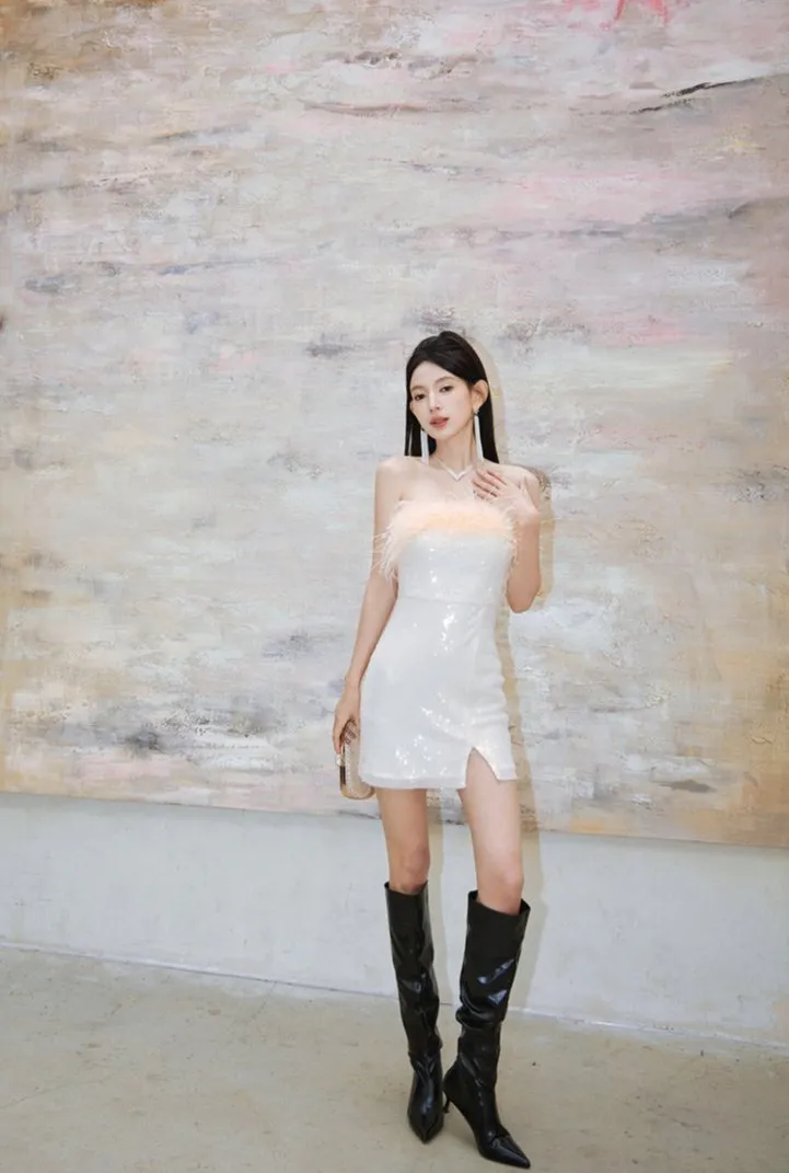 DOLLY High End Off White Feather Tube Top Sequin Short Slit Party Dress-PANTI