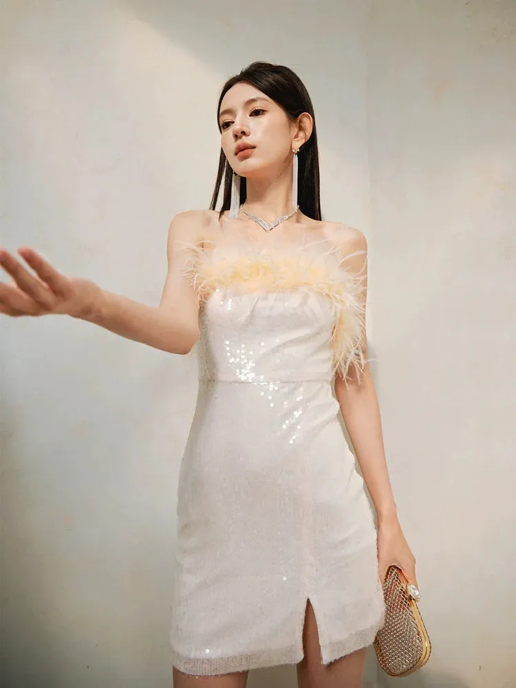 DOLLY High End Off White Feather Tube Top Sequin Short Slit Party Dress-PANTI