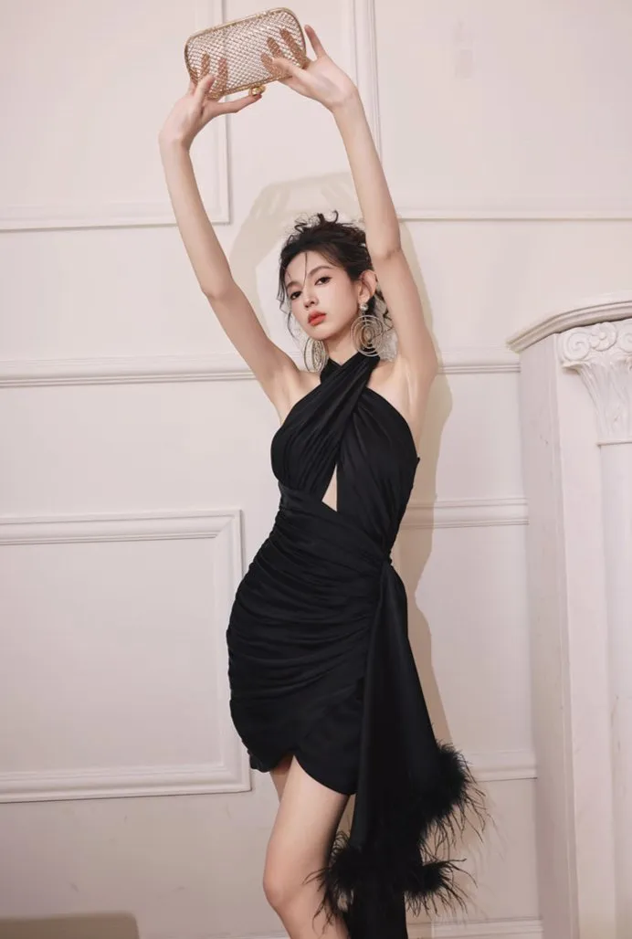 DOLLY Luxury Black Swan Cross Feather Halterneck Backless Date Dress-PRAGYA