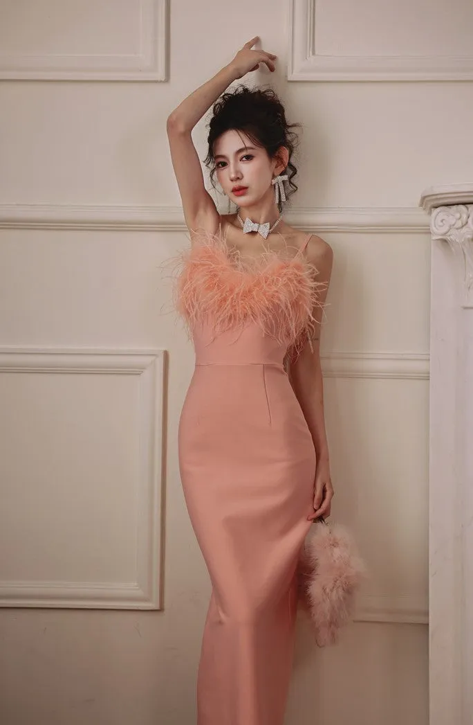 DOLLY Luxury Peach Pink Feather Tube Top Long Dinner Date Dress-VERO