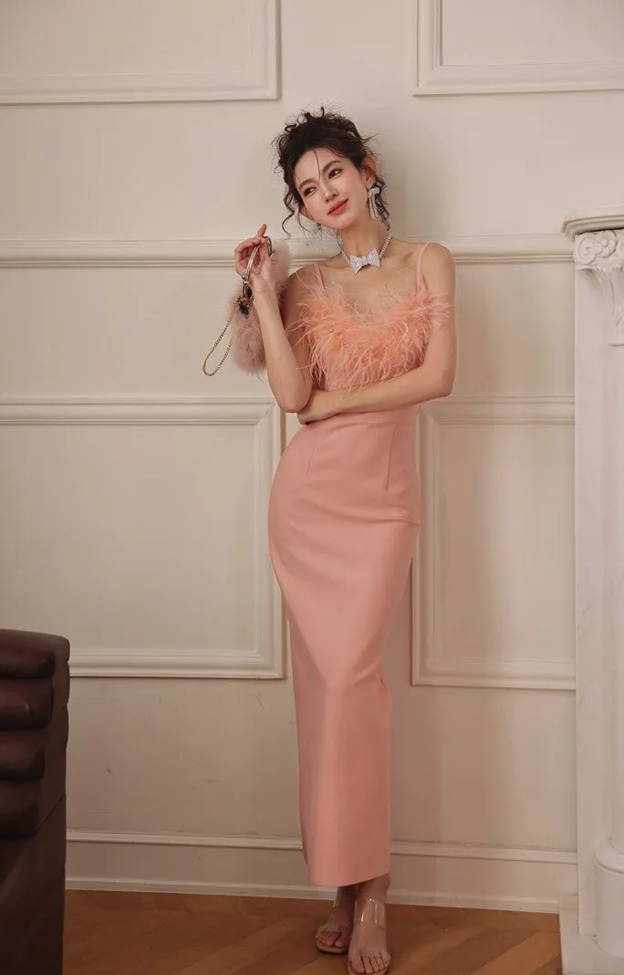 DOLLY Luxury Peach Pink Feather Tube Top Long Dinner Date Dress-VERO