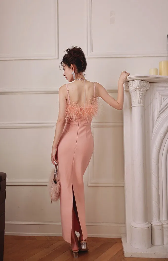 DOLLY Luxury Peach Pink Feather Tube Top Long Dinner Date Dress-VERO