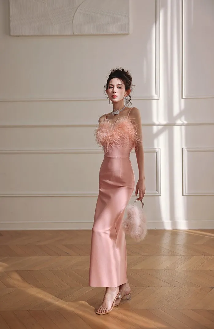 DOLLY Luxury Peach Pink Feather Tube Top Long Dinner Date Dress-VERO