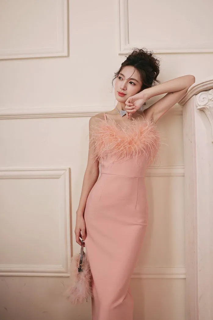 DOLLY Luxury Peach Pink Feather Tube Top Long Dinner Date Dress-VERO