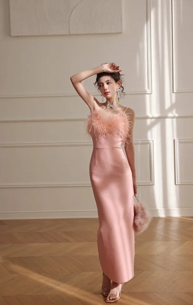 DOLLY Luxury Peach Pink Feather Tube Top Long Dinner Date Dress-VERO