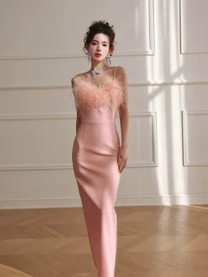 DOLLY Luxury Peach Pink Feather Tube Top Long Dinner Date Dress-VERO