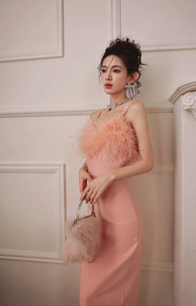 DOLLY Luxury Peach Pink Feather Tube Top Long Dinner Date Dress-VERO
