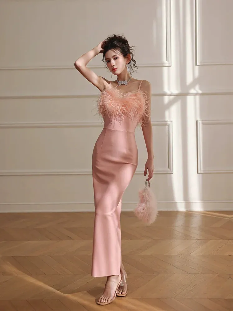 DOLLY Luxury Peach Pink Feather Tube Top Long Dinner Date Dress-VERO