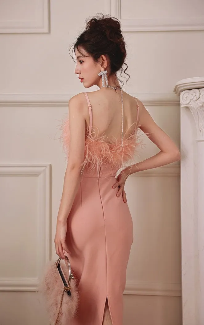 DOLLY Luxury Peach Pink Feather Tube Top Long Dinner Date Dress-VERO