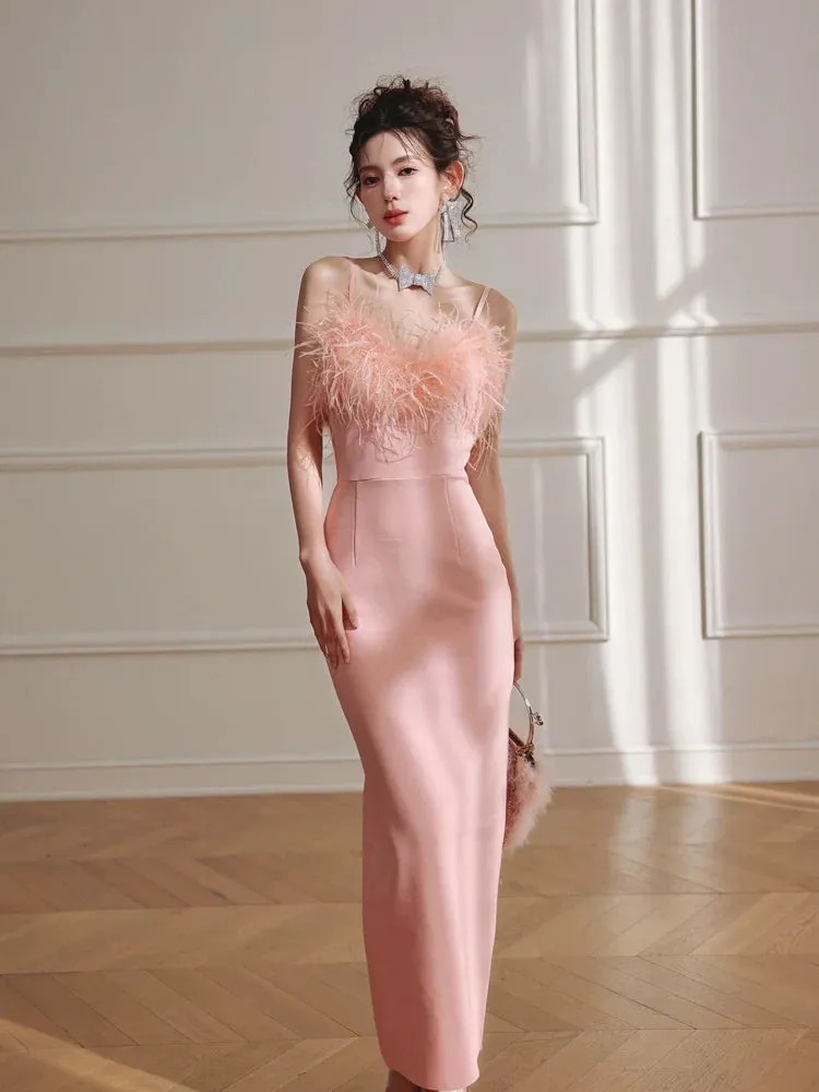DOLLY Luxury Peach Pink Feather Tube Top Long Dinner Date Dress-VERO