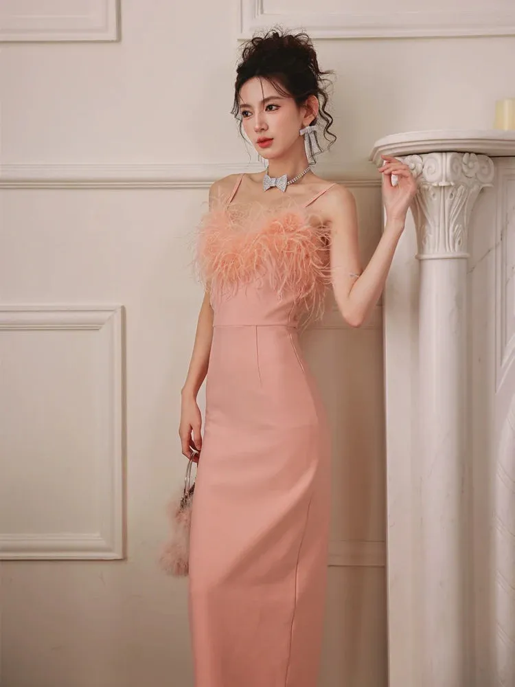 DOLLY Luxury Peach Pink Feather Tube Top Long Dinner Date Dress-VERO