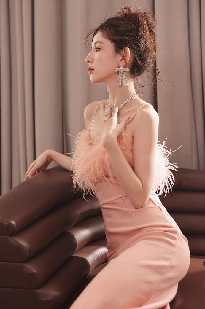 DOLLY Luxury Peach Pink Feather Tube Top Long Dinner Date Dress-VERO