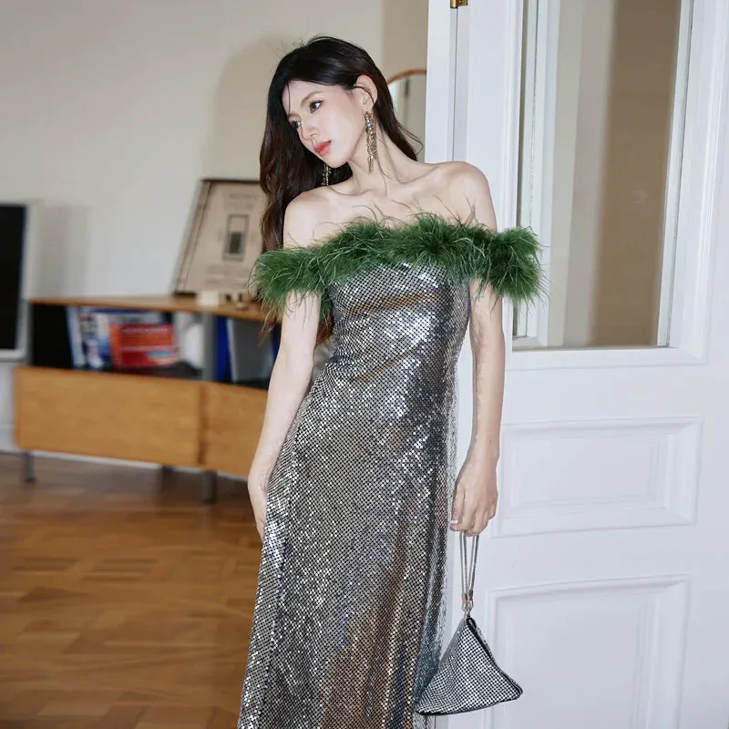 DOLLY Luxury Sliver Retro Style Green Feather Tube Top Long Glitter Party Dress-THEKLA